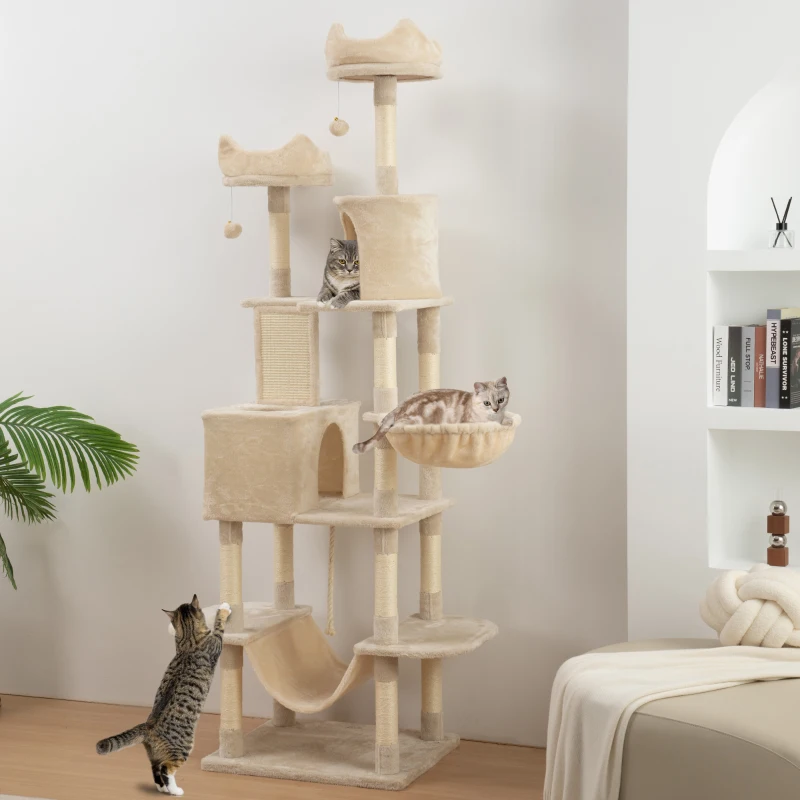 PawHut 81" Large Cat Tree w/ Scratching Posts, Condos, Beds, Hammocks, Jumping Platforms, Toy Balls, Rope Cat Toy, Beige
