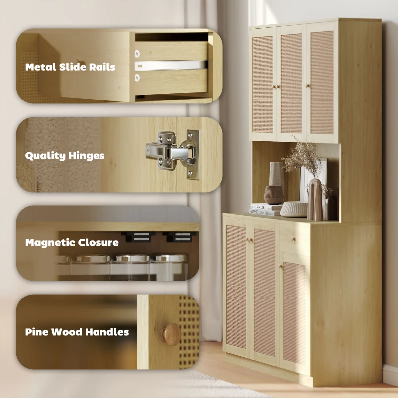 HOMCOM Kitchen Hutch with Microwave Countertop, 71" Boho Kitchen Pantry Cabinet with Decorative Rattan Doors, Natural