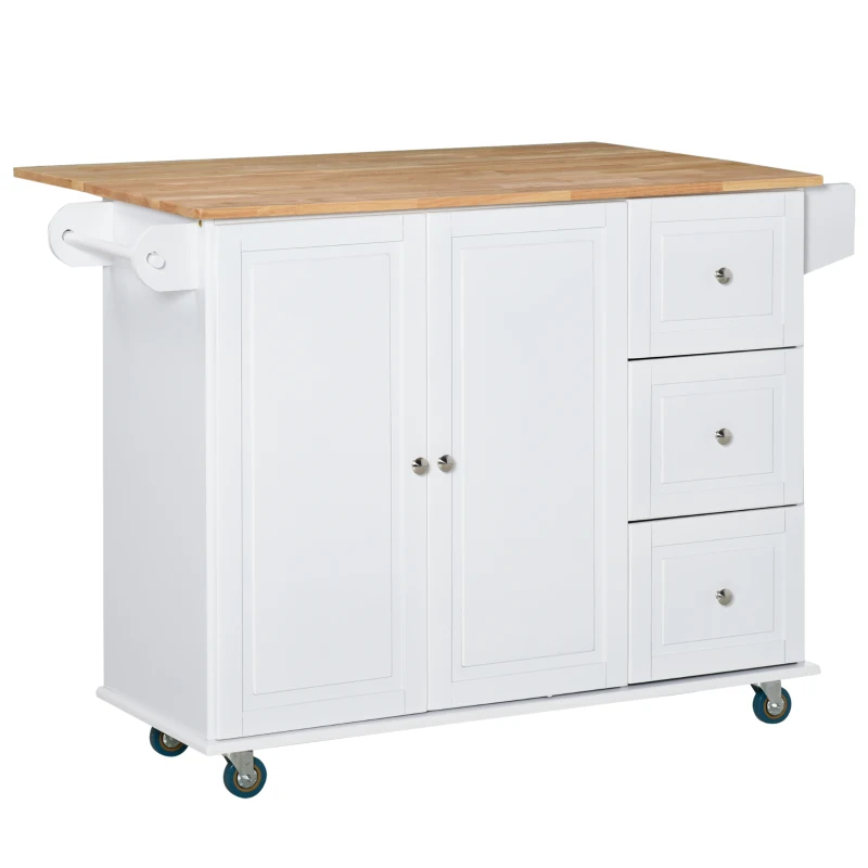 HOMCOM Rolling Kitchen Island with Drop Leaf, Kitchen Cart with Cabinet, 3 Drawers, Wood Top, White