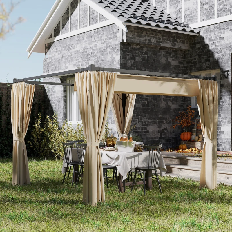 Outsunny 10' x 10' Retractable Pergola, Garden Gazebo Shelter with Curtains, for Grill, Patio, Deck, Beige