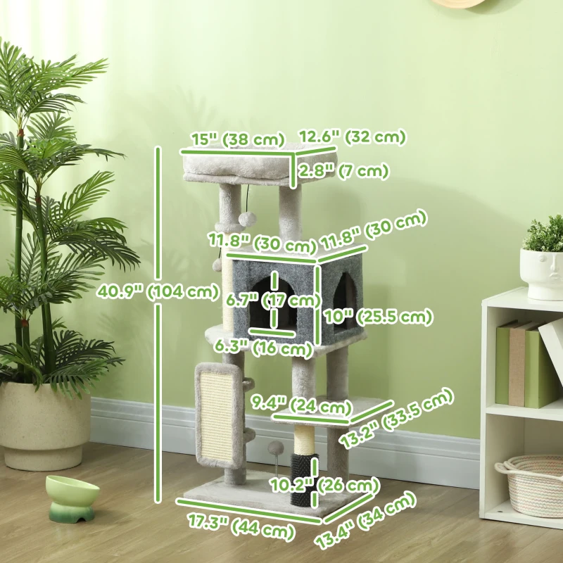PawHut 41 Inch Cat Tree with Scratching Posts, Cat Bed, Condo, Grooming Brush, Jumping Platforms, Toy Balls, Anti-tip Kit