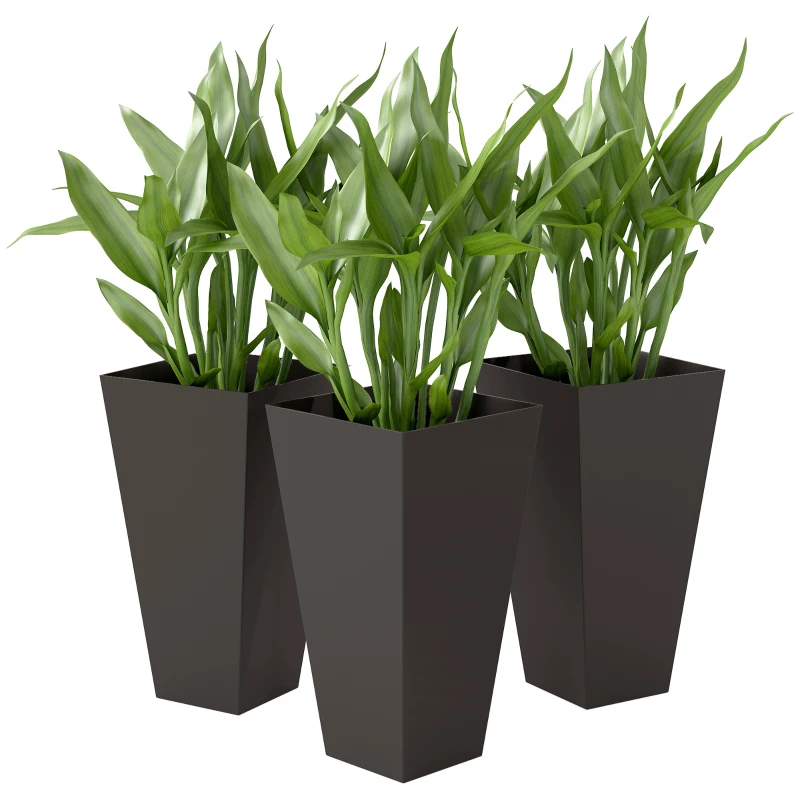 Outsunny 28ft Tall Plastic Planters, Set of 3, Flower Pot, anti-crack, fade-resistant, square shape with a matte surface, Outdoor & Indoor, for lawns, patios, yards, Brown