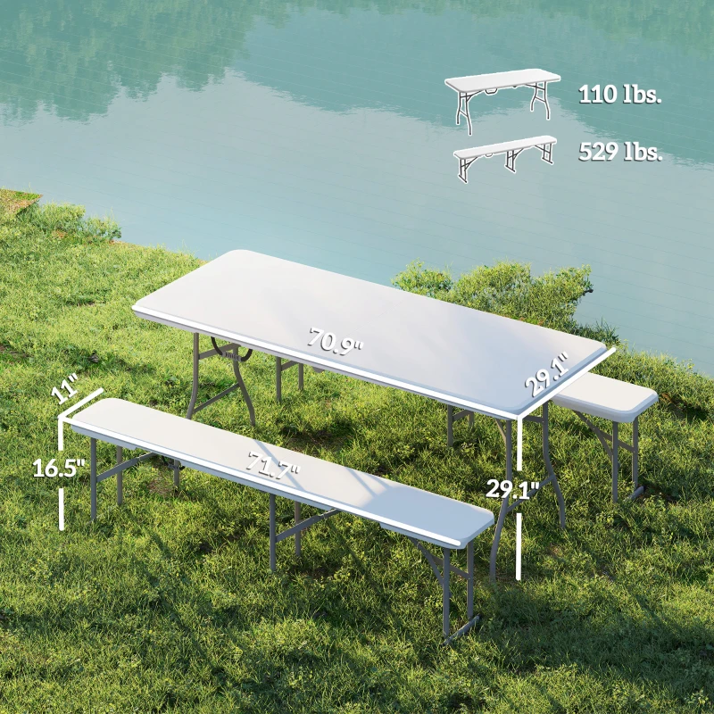 Outsunny 6FT 3 PCS Portable Camping Table and Chairs, Folding Picnic Table Bench Set with Carrying Handles for BBQ, Party, White