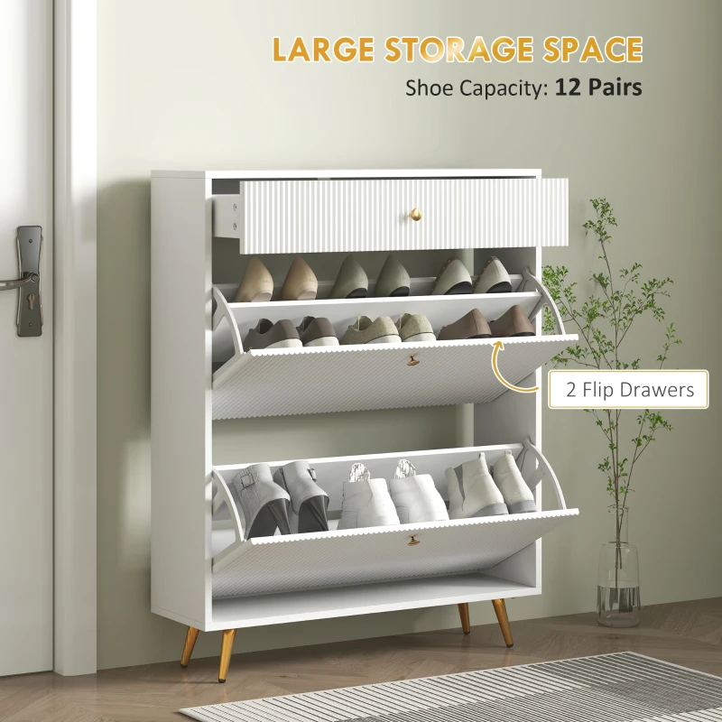 HOMCOM Narrow Shoe Storage Cabinet with Wave-like Panels and Adjustable Shelves for 12 Pairs of Shoes, White