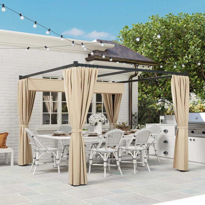 Outsunny 10' x 10' Retractable Pergola, Garden Gazebo Shelter with Curtains, for Grill, Patio, Deck, Beige