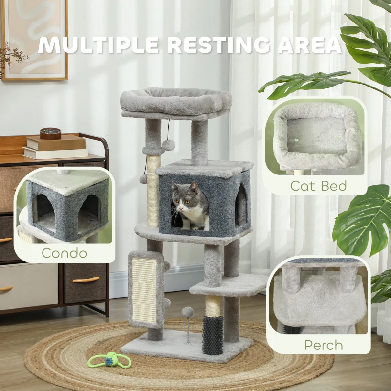 PawHut 41 Inch Cat Tree with Scratching Posts, Cat Bed, Condo, Grooming Brush, Jumping Platforms, Toy Balls, Anti-tip Kit
