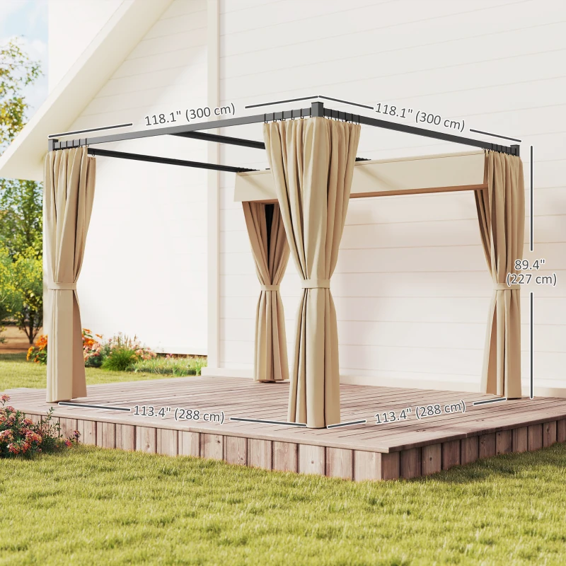 Outsunny 10' x 10' Retractable Pergola, Garden Gazebo Shelter with Curtains, for Grill, Patio, Deck, Beige