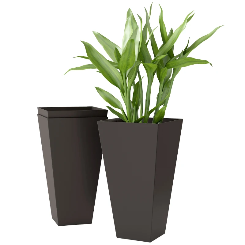 Outsunny 28ft Tall Plastic Planters, Set of 3, Flower Pot, anti-crack, fade-resistant, square shape with a matte surface, Outdoor & Indoor, for lawns, patios, yards, Brown