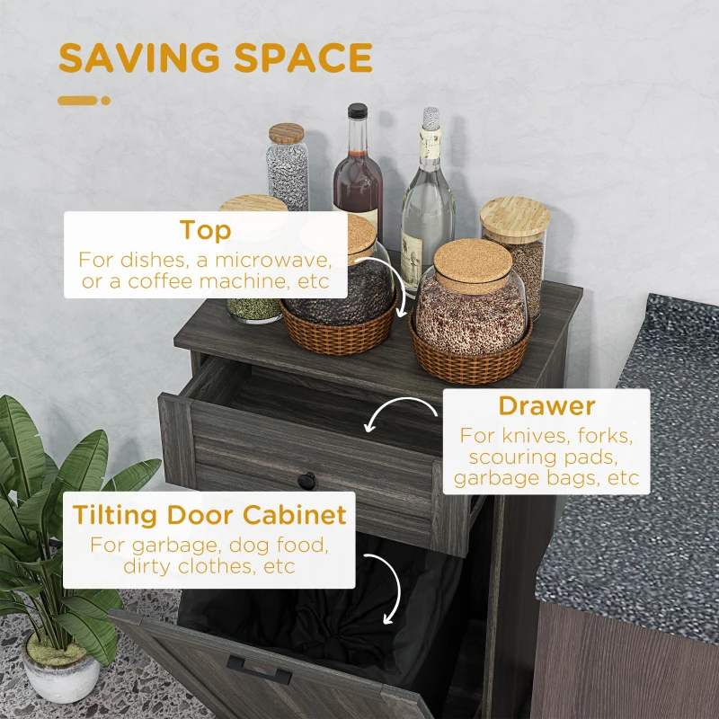HOMCOM Kitchen Tilt Out Trash Bin Cabinet Free Standing Storage Cabinet with Drawer, Charcoal Gray