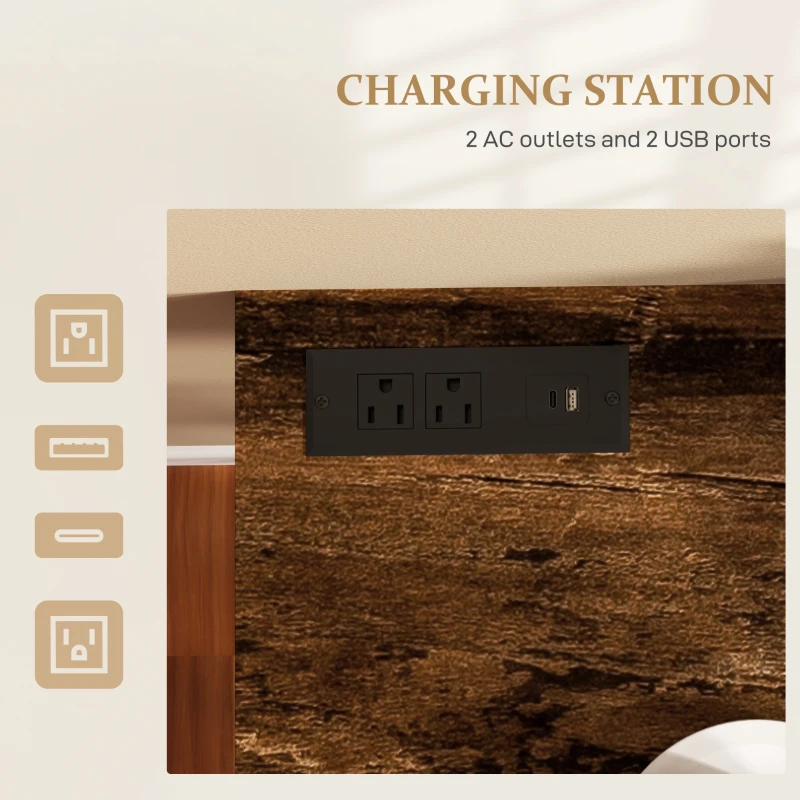 HOMCOM 70" Bar Table with Charging Station, Industrial Rectangular Bar Height Pub Table with Steel Frame, Rustic Brown