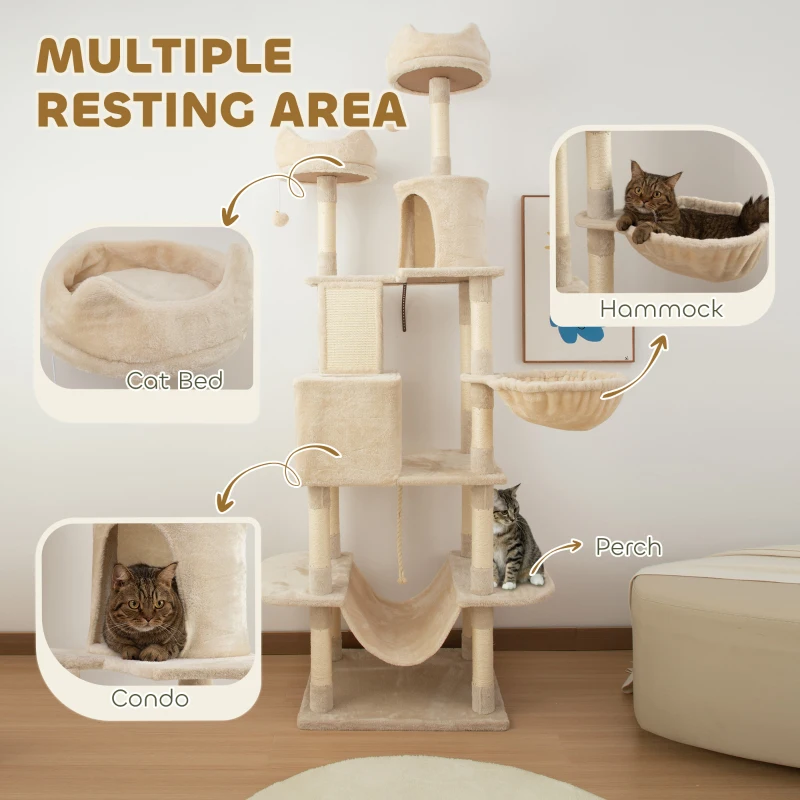 PawHut 81" Large Cat Tree w/ Scratching Posts, Condos, Beds, Hammocks, Jumping Platforms, Toy Balls, Rope Cat Toy, Beige
