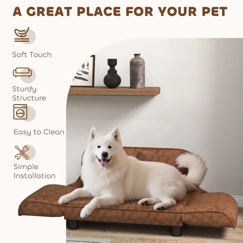 PawHut Pet Sofa Dog Bed Couch, Foldable Cat Lounger PU Leather Cover for Medium & Large Sized Animals, 39" x 21.75" x 17.75", Expandable to 52" x 30.25" x 7", Brown