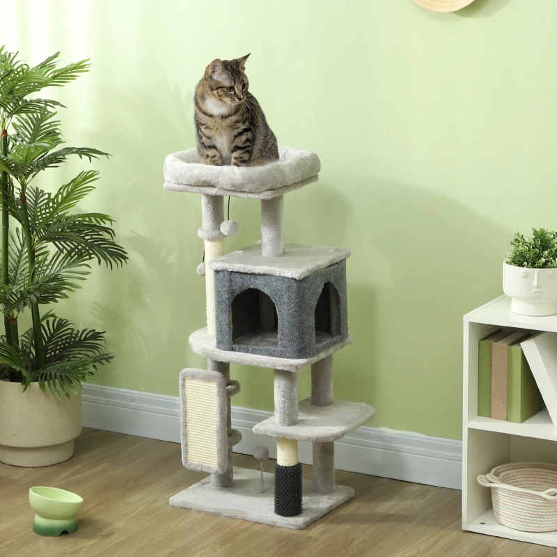 PawHut 41 Inch Cat Tree with Scratching Posts, Cat Bed, Condo, Grooming Brush, Jumping Platforms, Toy Balls, Anti-tip Kit