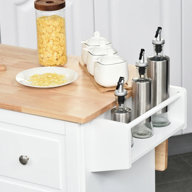 HOMCOM Rolling Kitchen Island with Drop Leaf, Kitchen Cart with Cabinet, 3 Drawers, Wood Top, White