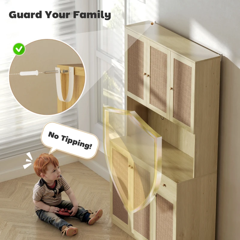 HOMCOM Kitchen Hutch with Microwave Countertop, 71" Boho Kitchen Pantry Cabinet with Decorative Rattan Doors, Natural