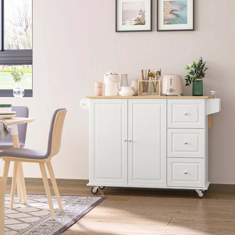 HOMCOM Rolling Kitchen Island with Drop Leaf, Kitchen Cart with Cabinet, 3 Drawers, Wood Top, White