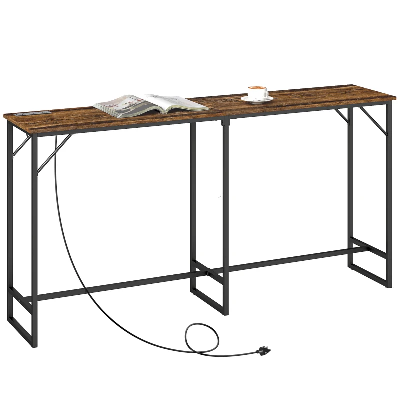 HOMCOM 70" Bar Table with Charging Station, Industrial Rectangular Bar Height Pub Table with Steel Frame, Rustic Brown