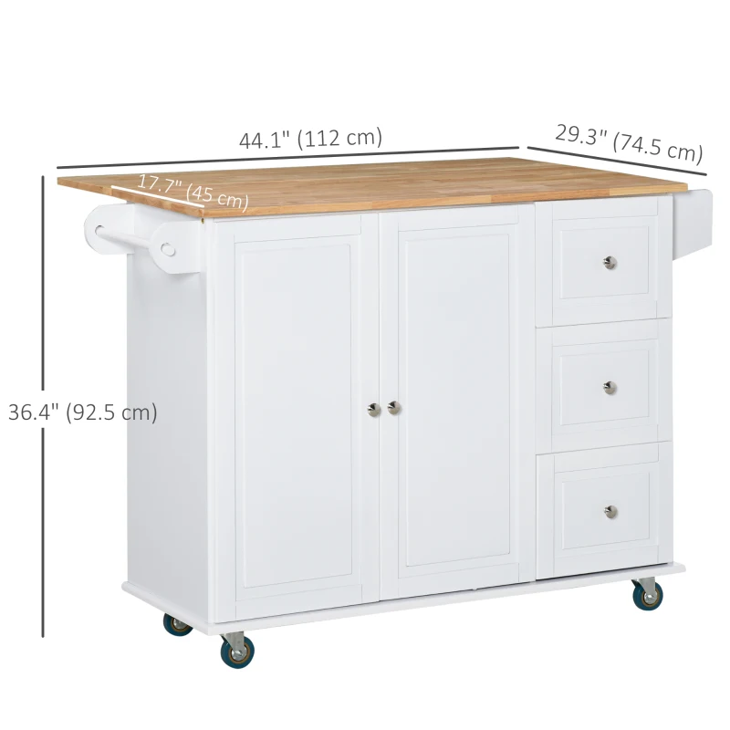 HOMCOM Rolling Kitchen Island with Drop Leaf, Kitchen Cart with Cabinet, 3 Drawers, Wood Top, White