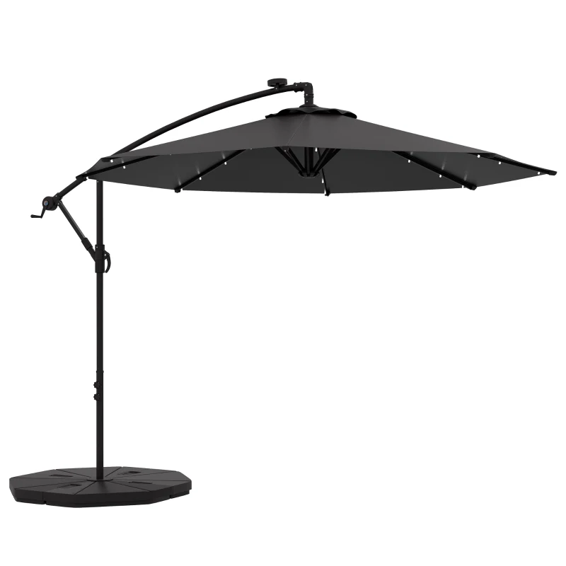Outsunny 9.5' Offset Patio Umbrella Garden Parasol with Solar LED Lights and Weights, Dark Grey