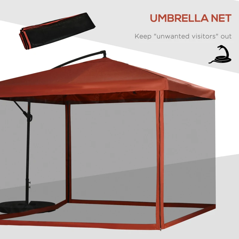 Outsunny Offset Patio Umbrella with Net and Umbrella Base, Adjustable Cantilever Canopy with Cross Base, Weight Plates and 8 Ribs for Backyard, Poolside, Garden, Wine Red