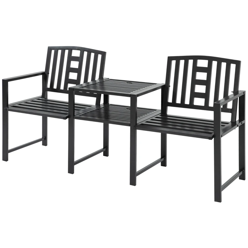 Outsunny Steel Garden Bench w/ Middle Table, Umbrella Hole, Double Seat for Outdoor, Patio, Backyard  Weather-Resistant Frame, Black
