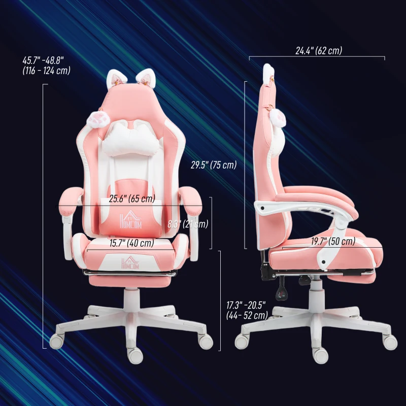 HOMCOM Cute Racing Gamer Chair, Faux Leather Gaming Chair with Footrest, Headrest and Lumbar Support, Pink