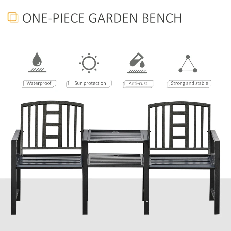 Outsunny Steel Garden Bench w/ Middle Table, Umbrella Hole, Double Seat for Outdoor, Patio, Backyard  Weather-Resistant Frame, Black