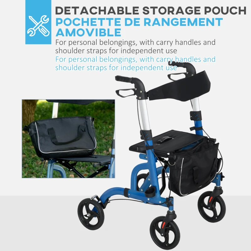 HOMCOM Rollator Walker for Seniors and Adults with 8'' Wheels, Padded Seat and Backrest,  Storage Bag Blue