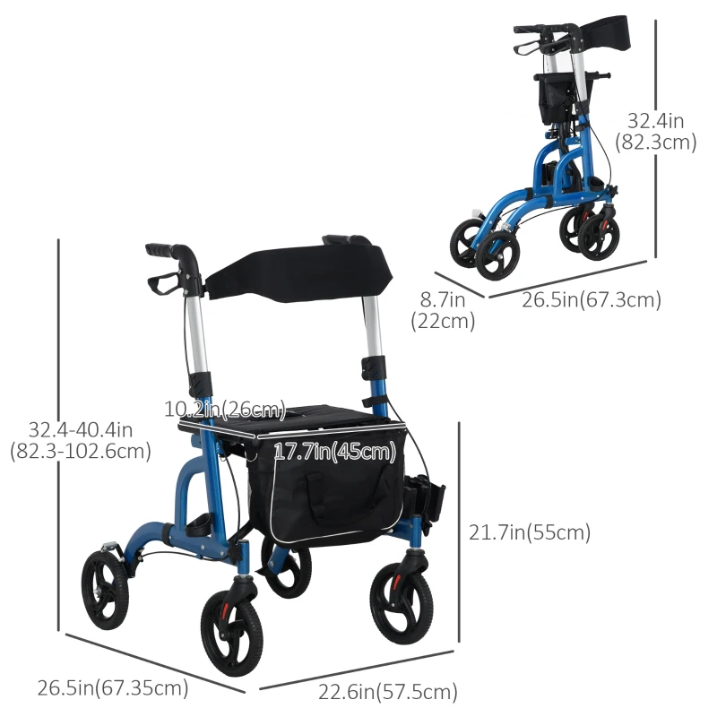 HOMCOM Rollator Walker for Seniors and Adults with 8'' Wheels, Padded Seat and Backrest,  Storage Bag Blue