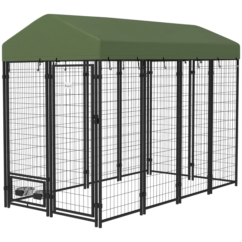 PawHut 8' x 4' x 6' Outdoor Dog Kennel, Welded Wire Heavy Duty Dog Run with 360° Rotating Bowls, Dog Kennel Outside with Waterproof & UV Resistant Cover, for S&M&L Dogs