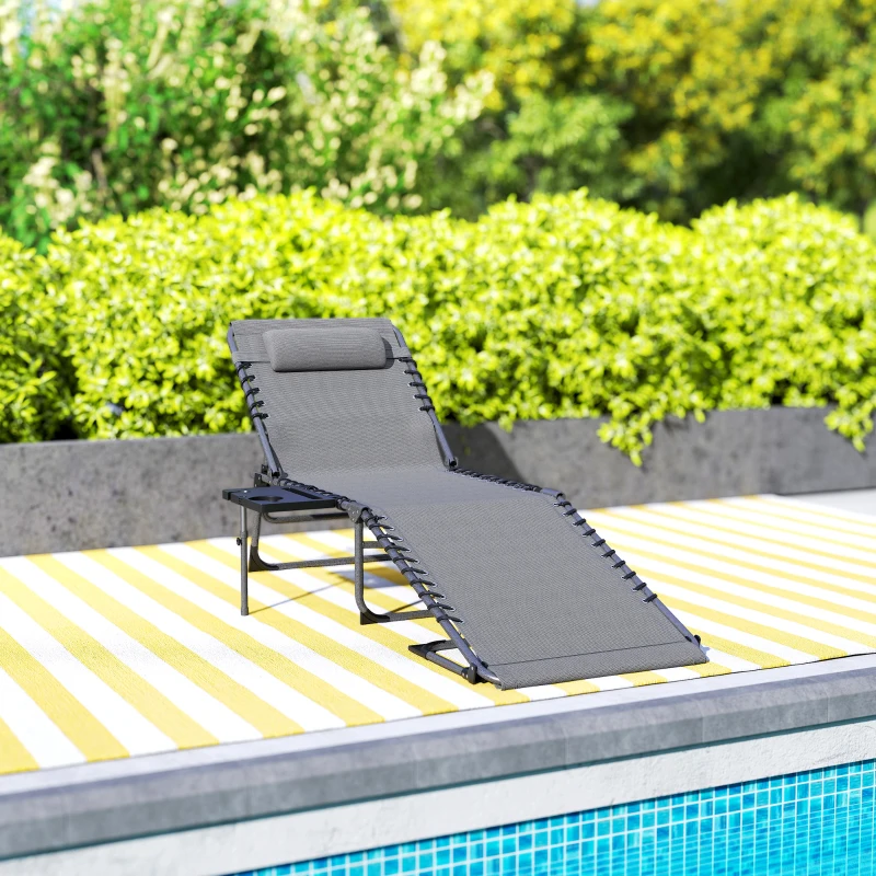 Outsunny Folding Outdoor Chaise Lounge Chair Tanning Chair with 5-Level Adjustable Back, Side Table, Pillow, Pocket, Gray