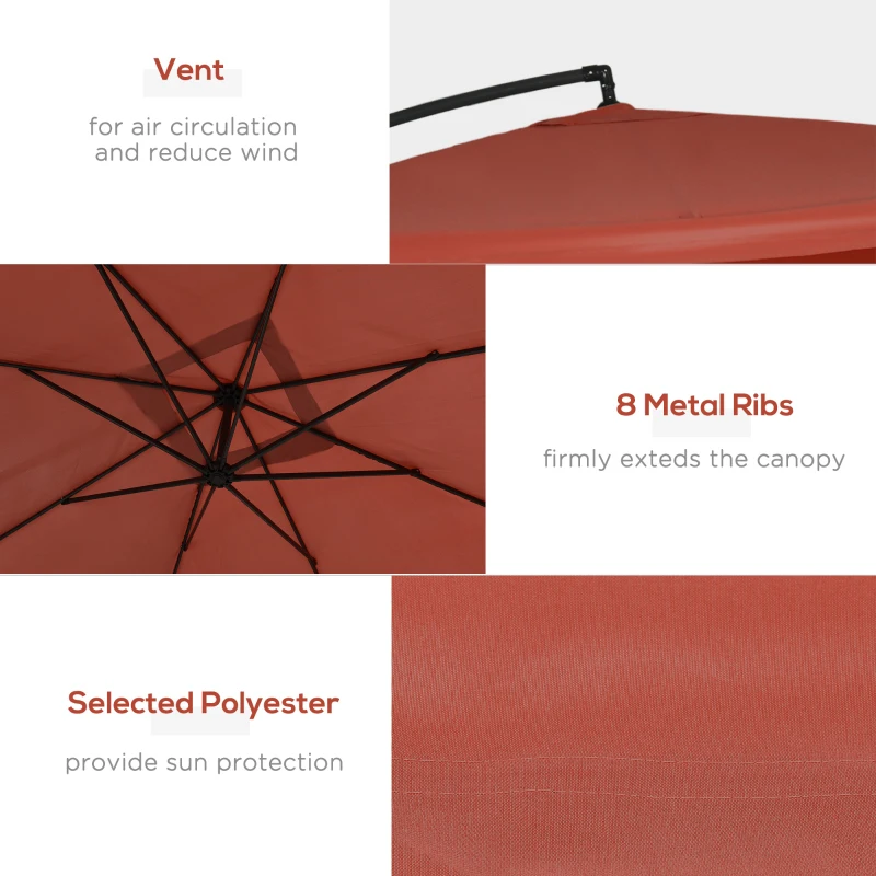 Outsunny Offset Patio Umbrella with Net and Umbrella Base, Adjustable Cantilever Canopy with Cross Base, Weight Plates and 8 Ribs for Backyard, Poolside, Garden, Wine Red