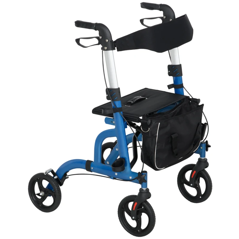 HOMCOM Rollator Walker for Seniors and Adults with 8'' Wheels, Padded Seat and Backrest,  Storage Bag Blue