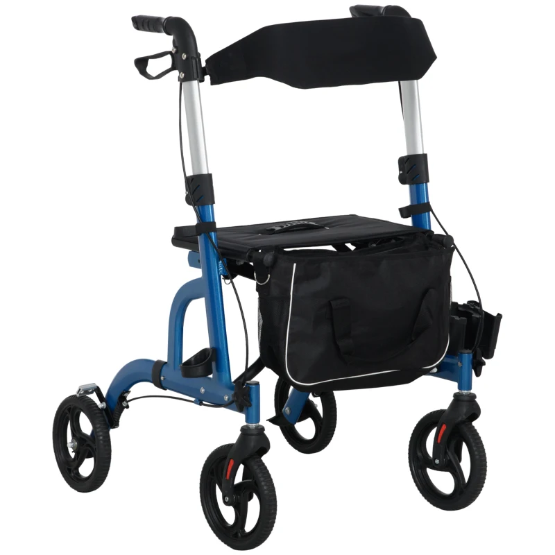 HOMCOM Rollator Walker for Seniors and Adults with 8'' Wheels, Padded Seat and Backrest,  Storage Bag Blue