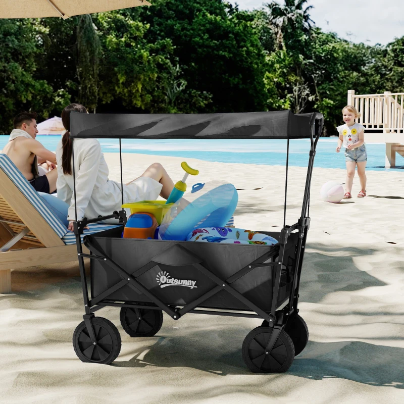 Outsunny Steel Frame Folding Garden Cart, Collapsible Wagon Cart with Removable Canopy, Telescopic Handle and Carrying Bag