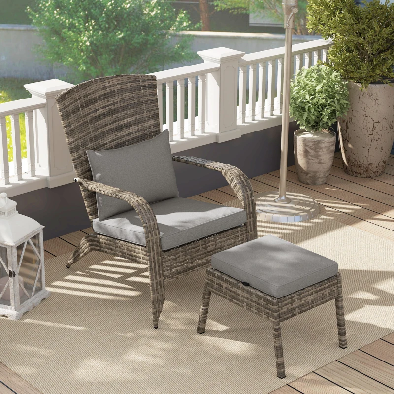 Outsunny Wicker Adirondack Chair Fire Pit Chair w/ Ottoman & Cushions, Gray