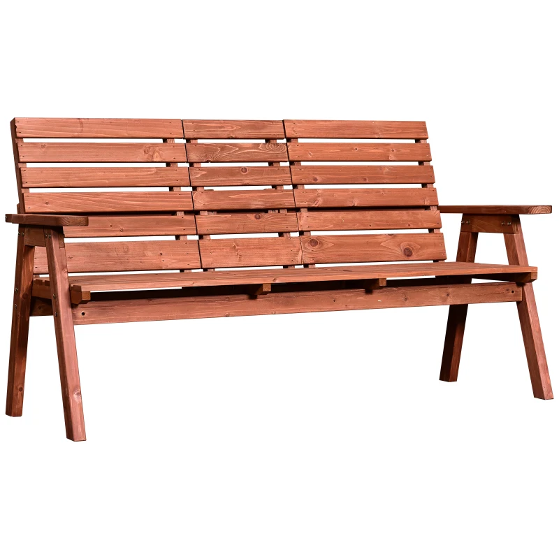 Outsunny 3-Seater Outdoor Bench with Convertible Middle Table, Garden Wooden Patio Loveseat with Middle Table for 2 Persons w/ Slatted Seat and Backrest, Armrests, Orange