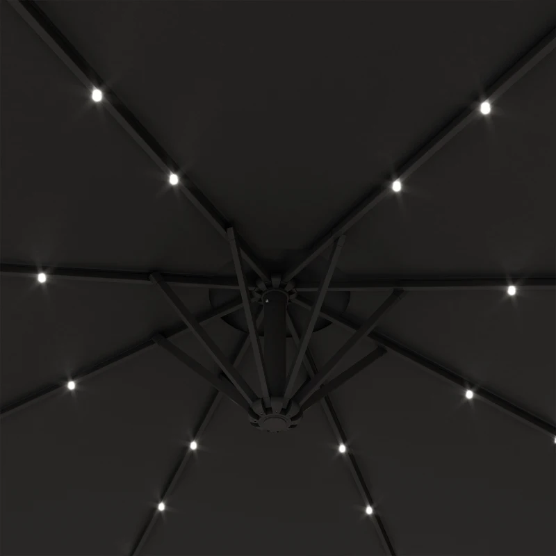 Outsunny 9.5' Offset Patio Umbrella Garden Parasol with Solar LED Lights and Weights, Dark Grey
