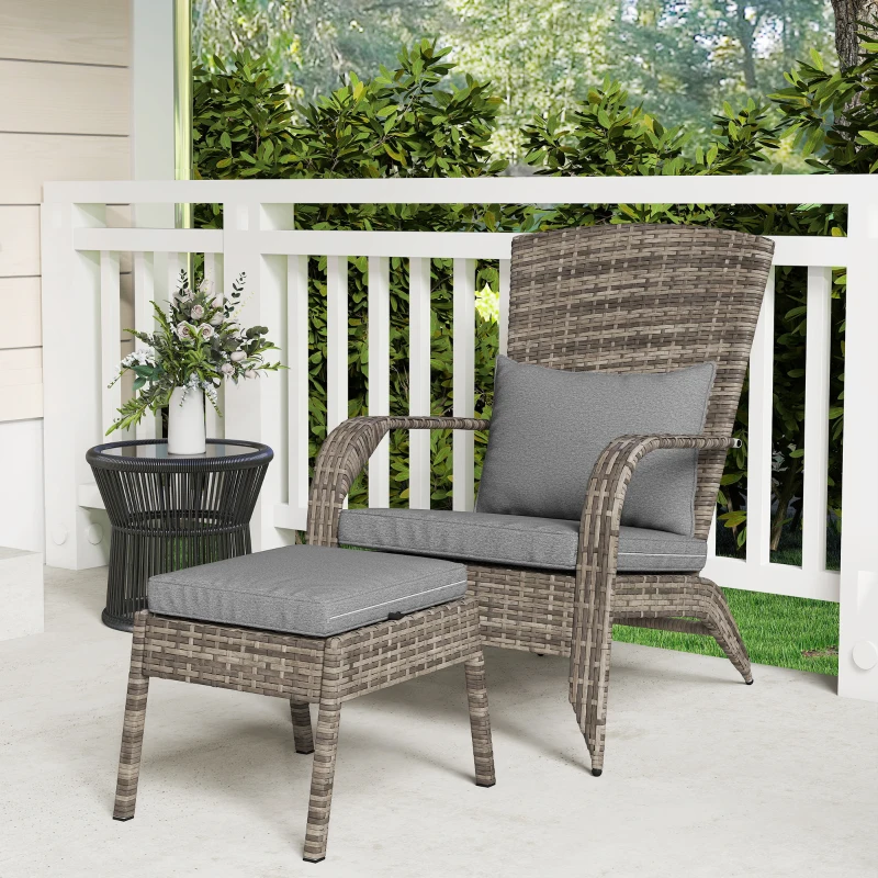 Outsunny Wicker Adirondack Chair Fire Pit Chair w/ Ottoman & Cushions, Gray