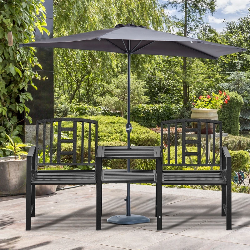 Outsunny Steel Garden Bench w/ Middle Table, Umbrella Hole, Double Seat for Outdoor, Patio, Backyard  Weather-Resistant Frame, Black