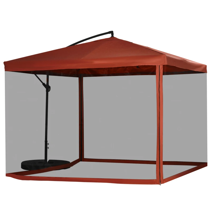 Outsunny Offset Patio Umbrella with Net and Umbrella Base, Adjustable Cantilever Canopy with Cross Base, Weight Plates and 8 Ribs for Backyard, Poolside, Garden, Wine Red