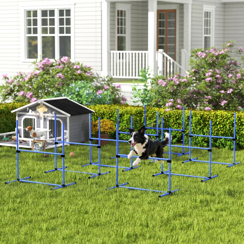 PawHut 8 Piece Dog Agility Set with Adjustable Height Jump Bars, Carry Bag, Displacing Top Bar, Blue