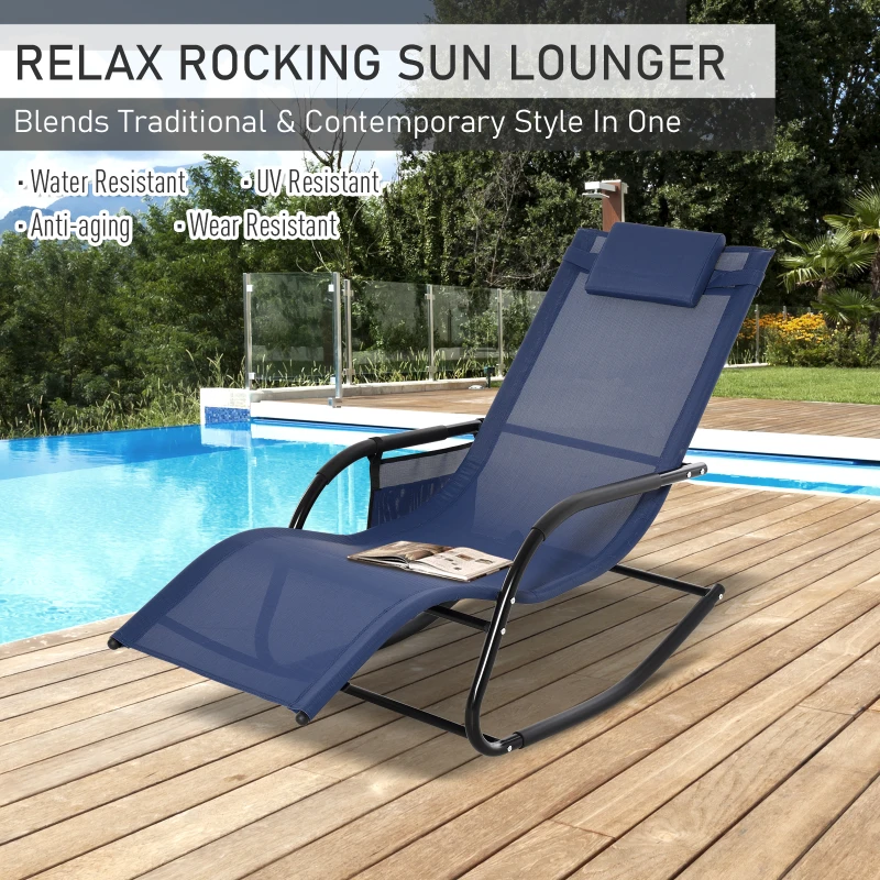 Outsunny Patio Rocking Chair with Mesh Fabric, Outdoor Rocking Sling Sun Lounger with Removable Headrest and Side Pocket for Garden, Deck, Lawn, Blue
