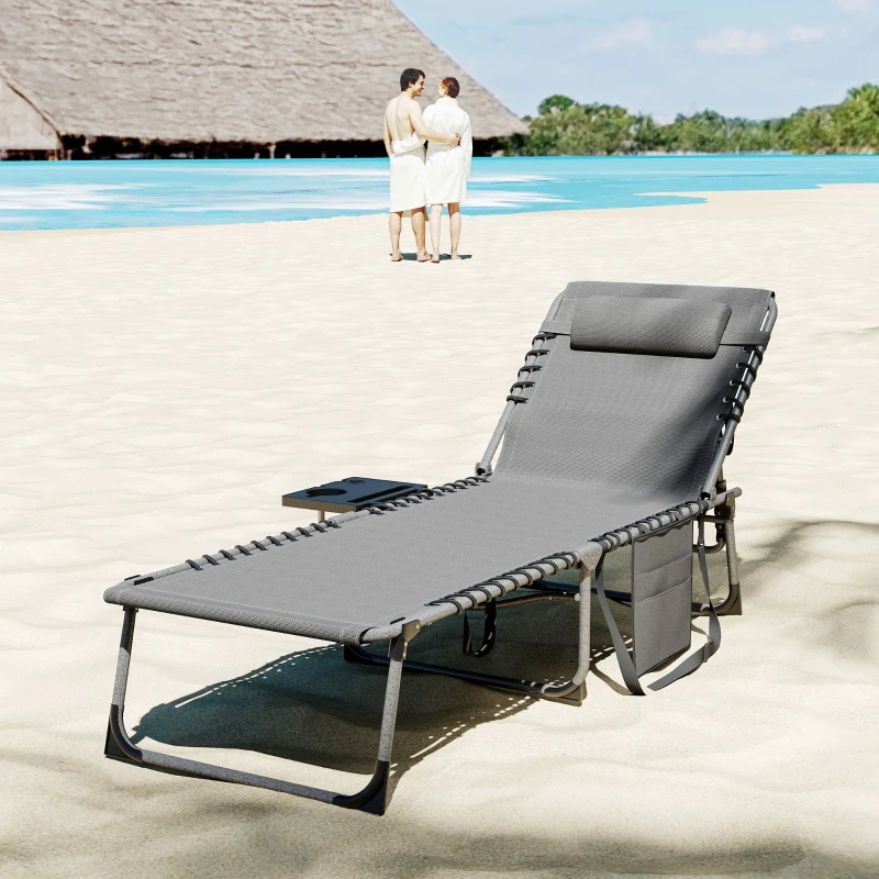 Outsunny Folding Outdoor Chaise Lounge Chair Tanning Chair with 5-Level Adjustable Back, Side Table, Pillow, Pocket, Gray