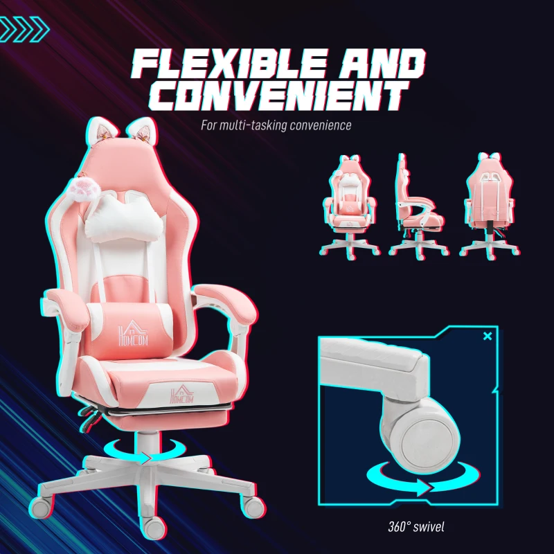 HOMCOM Cute Racing Gamer Chair, Faux Leather Gaming Chair with Footrest, Headrest and Lumbar Support, Pink