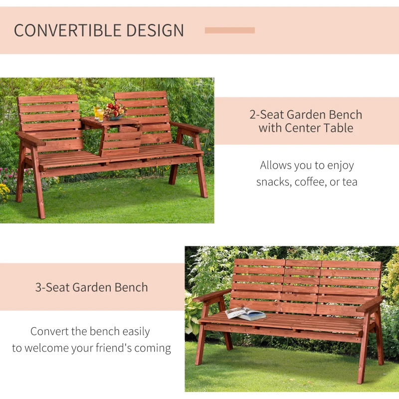 Outsunny 3-Seater Outdoor Bench with Convertible Middle Table, Garden Wooden Patio Loveseat with Middle Table for 2 Persons w/ Slatted Seat and Backrest, Armrests, Orange
