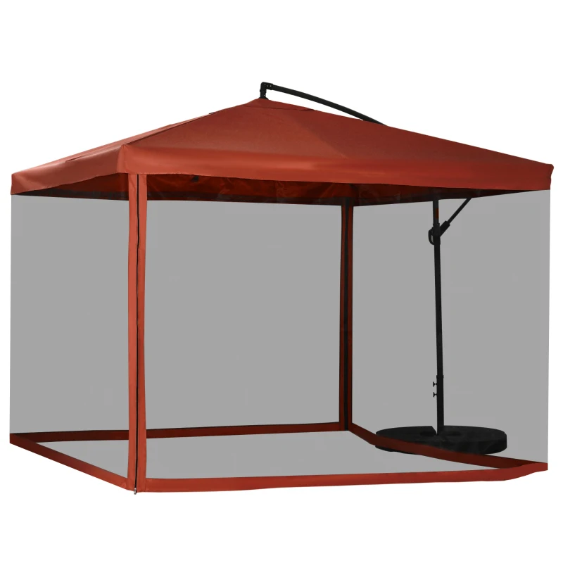 Outsunny Offset Patio Umbrella with Net and Umbrella Base, Adjustable Cantilever Canopy with Cross Base, Weight Plates and 8 Ribs for Backyard, Poolside, Garden, Wine Red