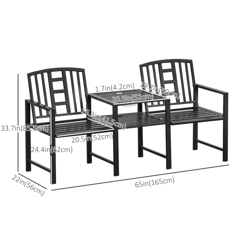 Outsunny Steel Garden Bench w/ Middle Table, Umbrella Hole, Double Seat for Outdoor, Patio, Backyard  Weather-Resistant Frame, Black