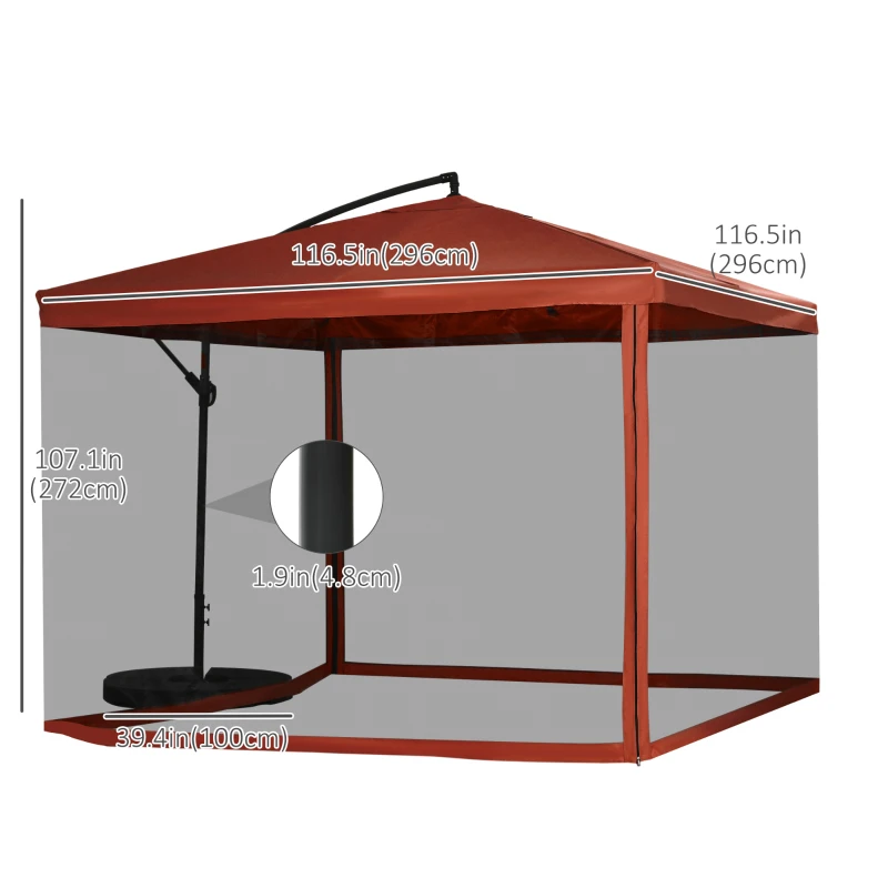 Outsunny Offset Patio Umbrella with Net and Umbrella Base, Adjustable Cantilever Canopy with Cross Base, Weight Plates and 8 Ribs for Backyard, Poolside, Garden, Wine Red