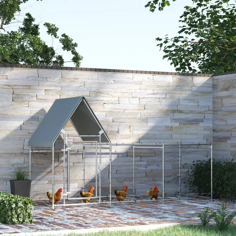 PawHut Walk In Chicken Run, Large Galvanized Chicken Coop, Hen Poultry House Cage, Rabbit Hutch Metal Enclosure with Water-Resist Cover for Outdoor Backyard Farm, 119" x 42" x 68"